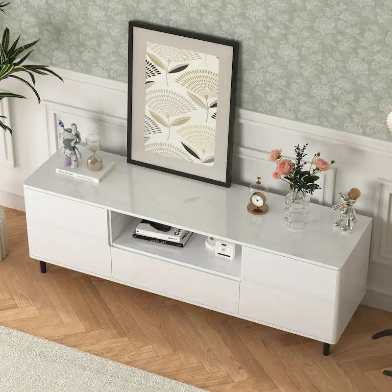 Meuble TV moderne à panneaux brillants, support TV, centre de divertissement avec étagères de rangement, meuble TV pour salon, chambre