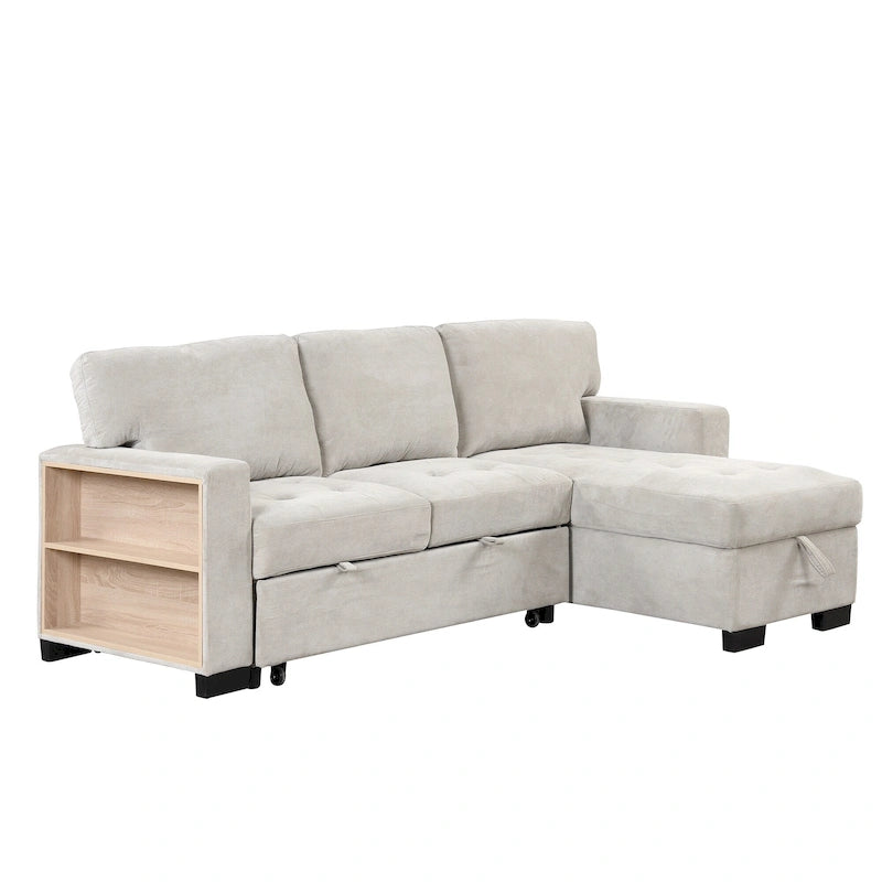 Canapé d'angle léger, élégant et fonctionnel, avec méridienne, rangement, lit gigogne, table rabattable et chargeur USB, beige.
