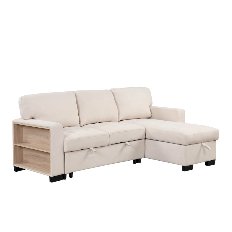 Canapé d'angle léger, élégant et fonctionnel, avec méridienne, rangement, lit gigogne, table rabattable et chargeur USB, beige.