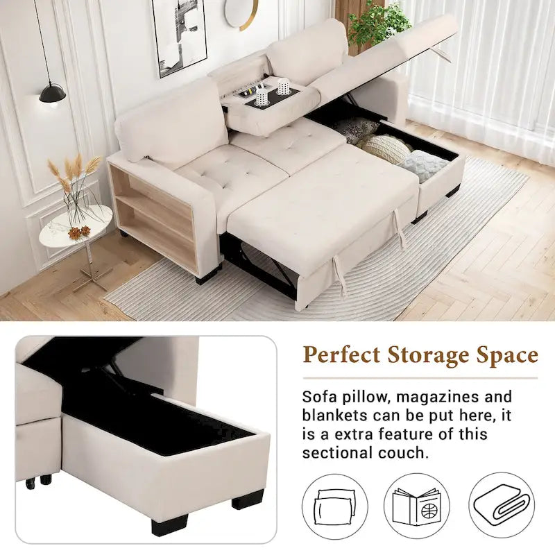 Canapé d'angle léger, élégant et fonctionnel, avec méridienne, rangement, lit gigogne, table rabattable et chargeur USB, beige.