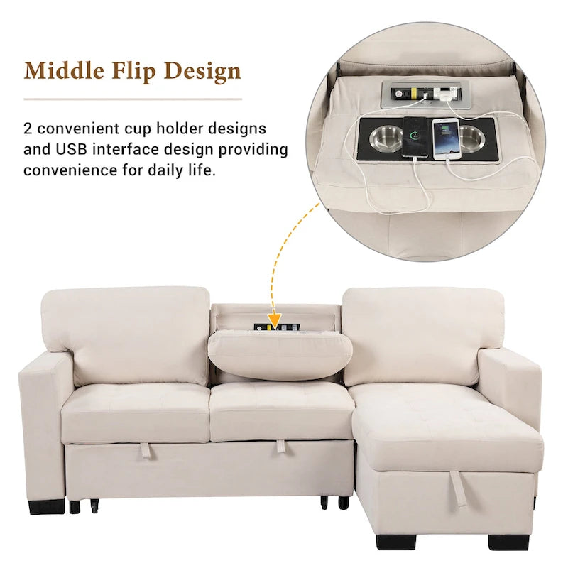 Canapé d'angle léger, élégant et fonctionnel, avec méridienne, rangement, lit gigogne, table rabattable et chargeur USB, beige.