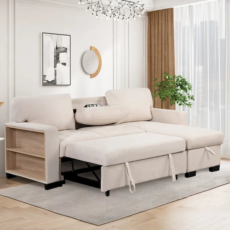 Canapé d'angle léger, élégant et fonctionnel, avec méridienne, rangement, lit gigogne, table rabattable et chargeur USB, beige.