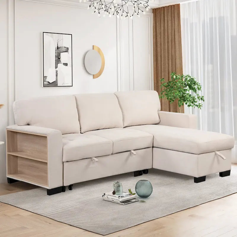 Canapé d'angle léger, élégant et fonctionnel, avec méridienne, rangement, lit gigogne, table rabattable et chargeur USB, beige.