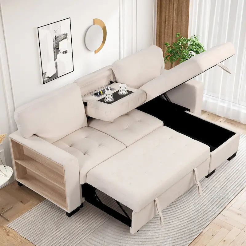 Canapé d'angle léger, élégant et fonctionnel, avec méridienne, rangement, lit gigogne, table rabattable et chargeur USB, beige.