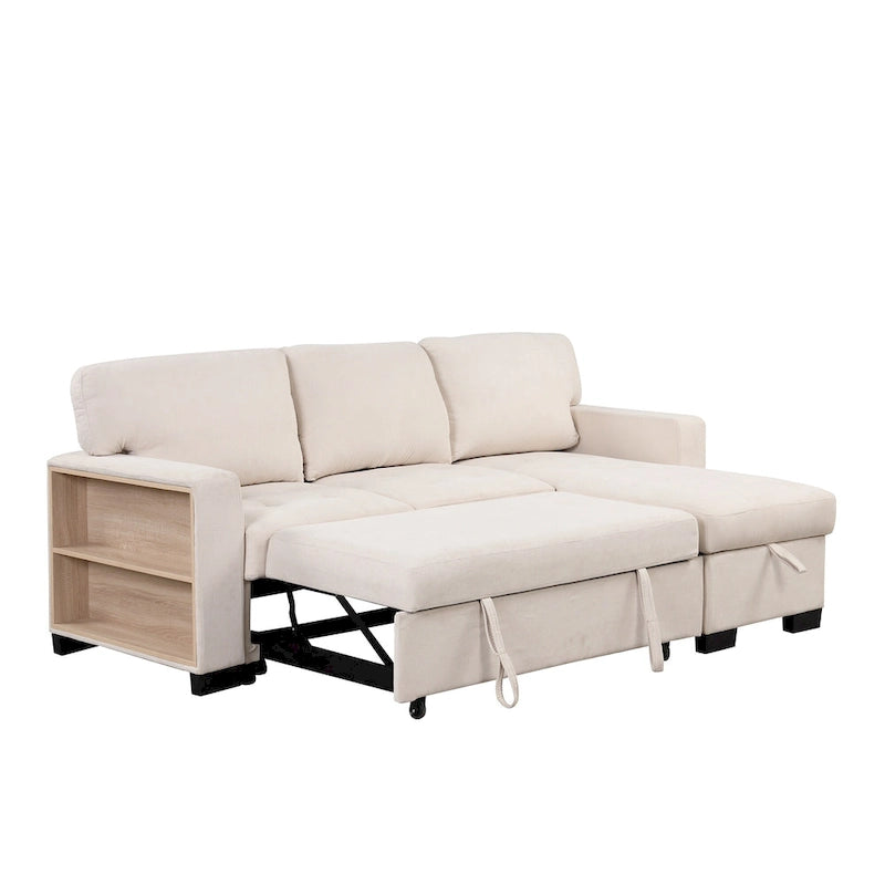 Canapé d'angle léger, élégant et fonctionnel, avec méridienne, rangement, lit gigogne, table rabattable et chargeur USB, beige.