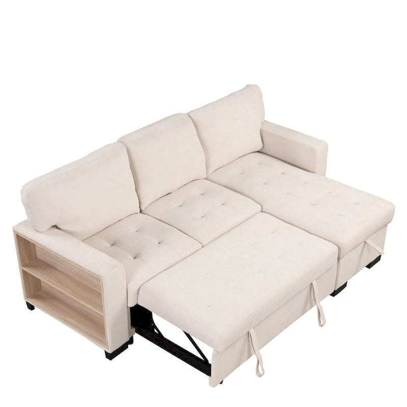 Canapé d'angle léger, élégant et fonctionnel, avec méridienne, rangement, lit gigogne, table rabattable et chargeur USB, beige.