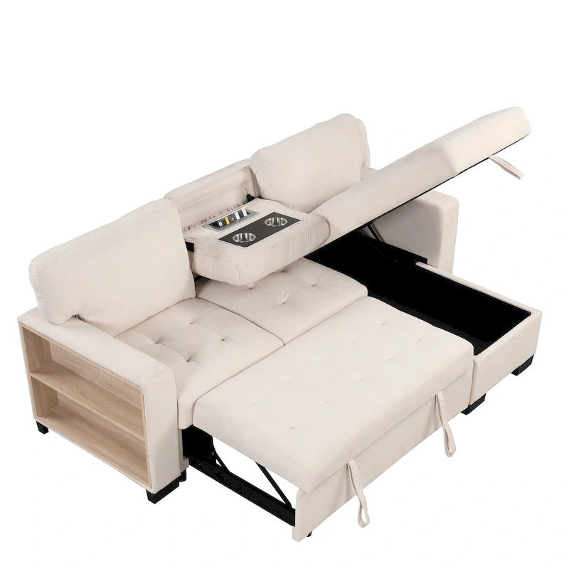 Canapé d'angle léger, élégant et fonctionnel, avec méridienne, rangement, lit gigogne, table rabattable et chargeur USB, beige.