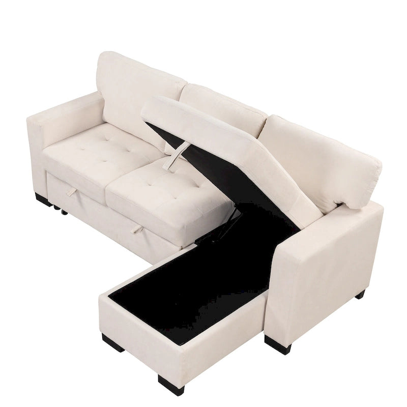 Canapé d'angle léger, élégant et fonctionnel, avec méridienne, rangement, lit gigogne, table rabattable et chargeur USB, beige.