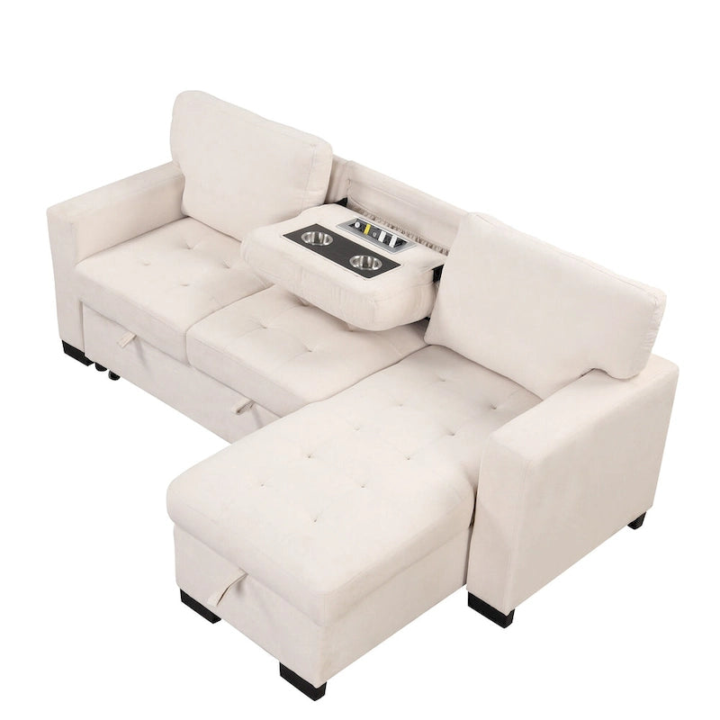 Canapé d'angle léger, élégant et fonctionnel, avec méridienne, rangement, lit gigogne, table rabattable et chargeur USB, beige.