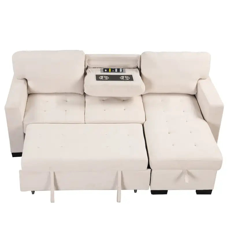 Canapé d'angle léger, élégant et fonctionnel, avec méridienne, rangement, lit gigogne, table rabattable et chargeur USB, beige.