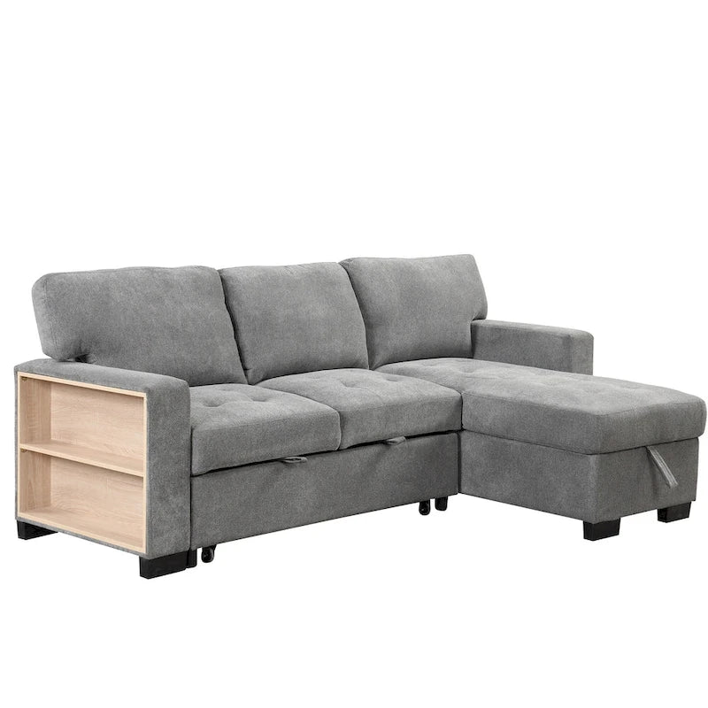 Canapé d'angle léger, élégant et fonctionnel, avec méridienne, rangement, lit gigogne, table rabattable et chargeur USB, beige.
