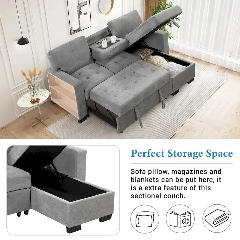 Canapé d'angle léger, élégant et fonctionnel, avec méridienne, rangement, lit gigogne, table rabattable et chargeur USB, beige.