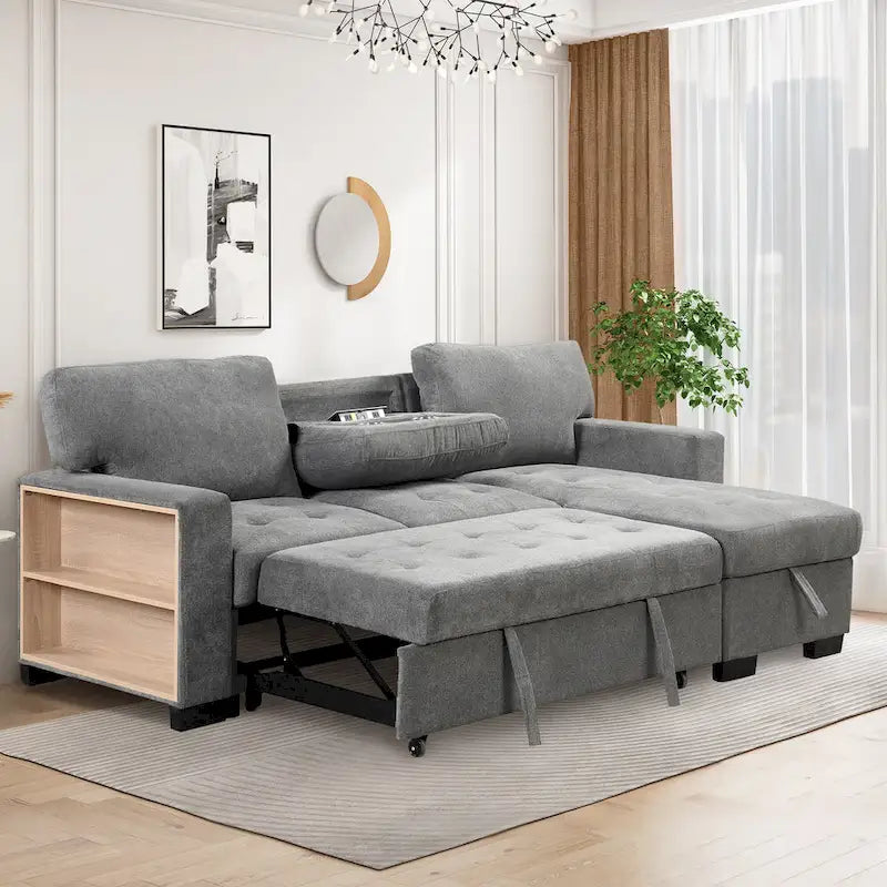 Canapé d'angle léger, élégant et fonctionnel, avec méridienne, rangement, lit gigogne, table rabattable et chargeur USB, beige.