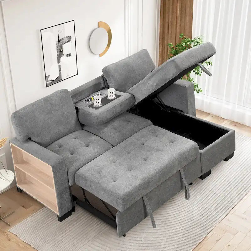 Canapé d'angle léger, élégant et fonctionnel, avec méridienne, rangement, lit gigogne, table rabattable et chargeur USB, beige.