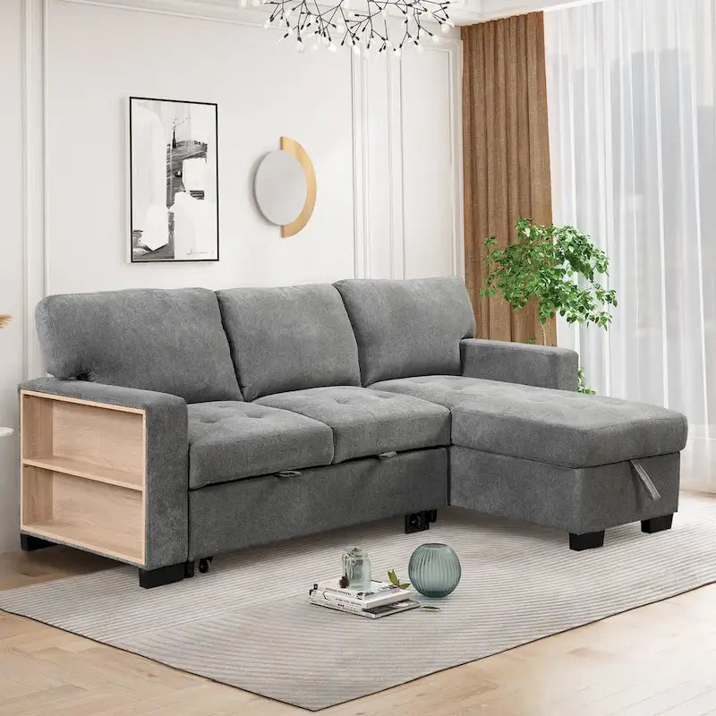 Canapé d'angle léger, élégant et fonctionnel, avec méridienne, rangement, lit gigogne, table rabattable et chargeur USB, beige.