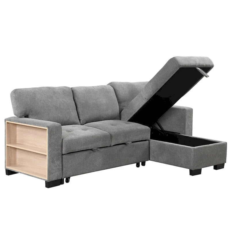 Canapé d'angle léger, élégant et fonctionnel, avec méridienne, rangement, lit gigogne, table rabattable et chargeur USB, beige.