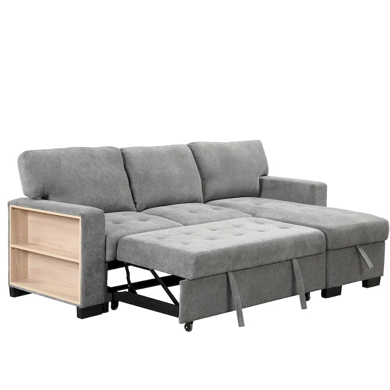 Canapé d'angle léger, élégant et fonctionnel, avec méridienne, rangement, lit gigogne, table rabattable et chargeur USB, beige.