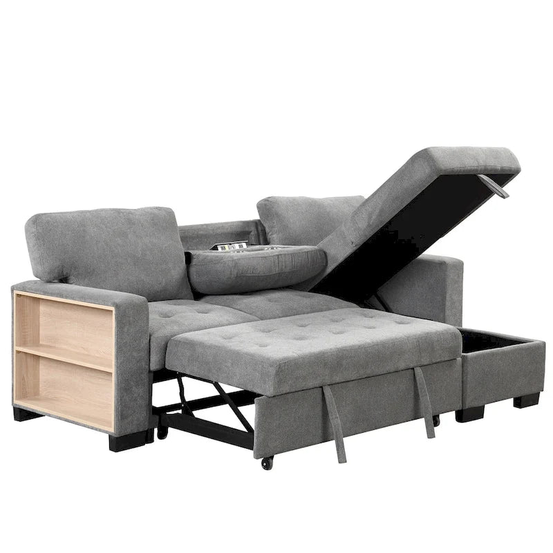Canapé d'angle léger, élégant et fonctionnel, avec méridienne, rangement, lit gigogne, table rabattable et chargeur USB, beige.