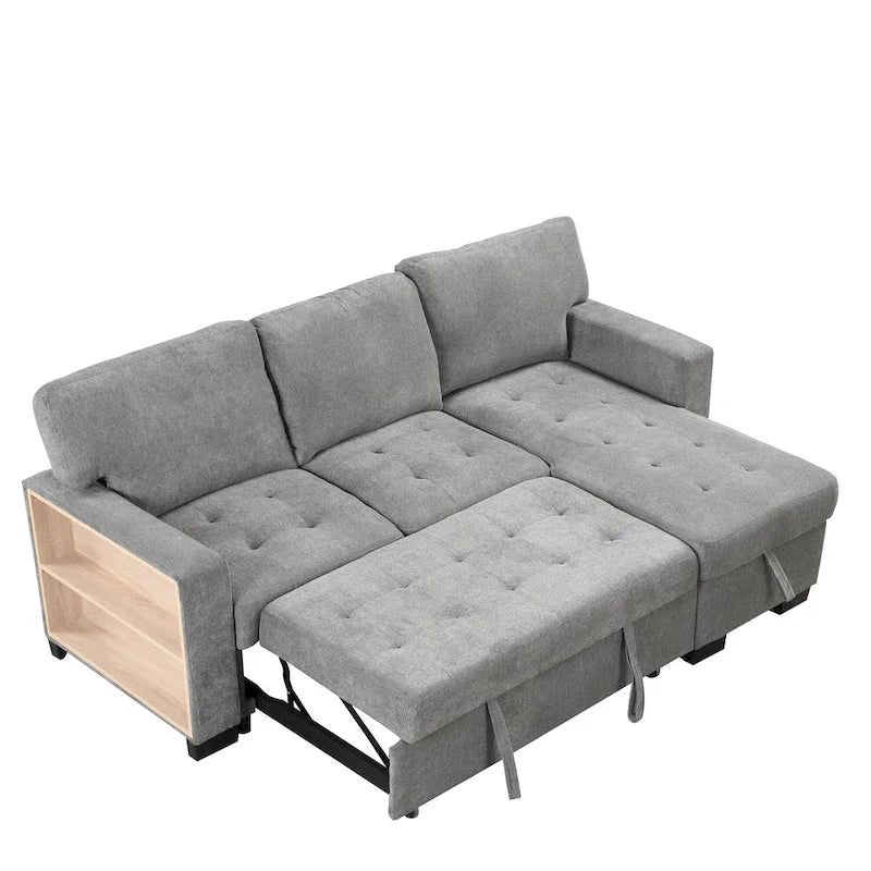 Canapé d'angle léger, élégant et fonctionnel, avec méridienne, rangement, lit gigogne, table rabattable et chargeur USB, beige.