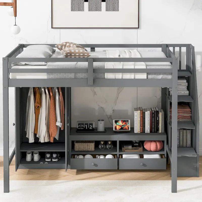 Cadre de lit mezzanine double avec armoire, table de rangement basse et escalier de rangement