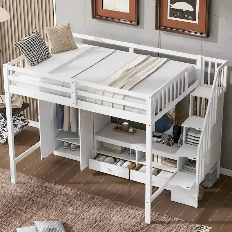 Cadre de lit mezzanine double avec armoire, table de rangement basse et escalier de rangement