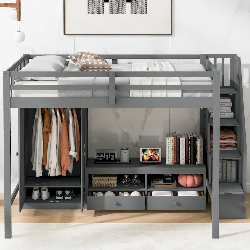 Cadre de lit mezzanine double avec armoire, table de rangement basse et escalier de rangement