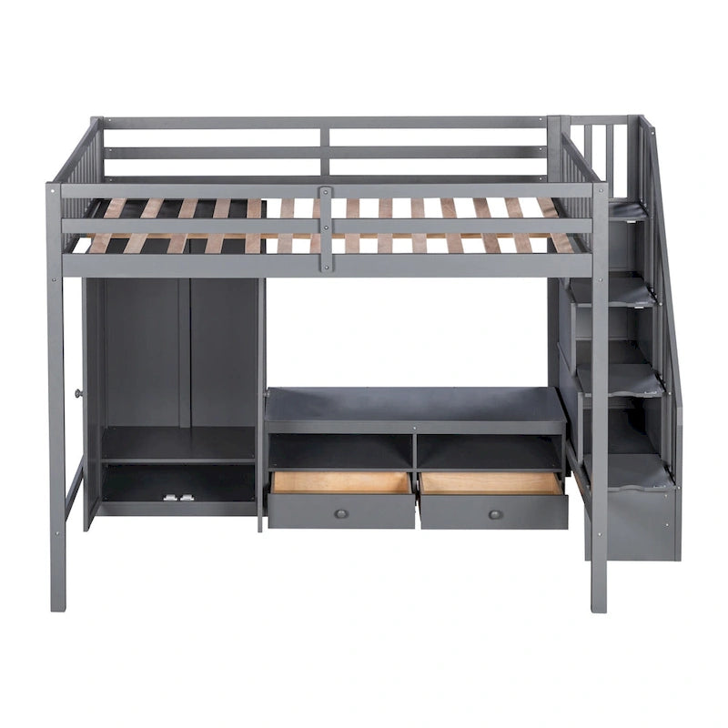 Cadre de lit mezzanine double avec armoire, table de rangement basse et escalier de rangement