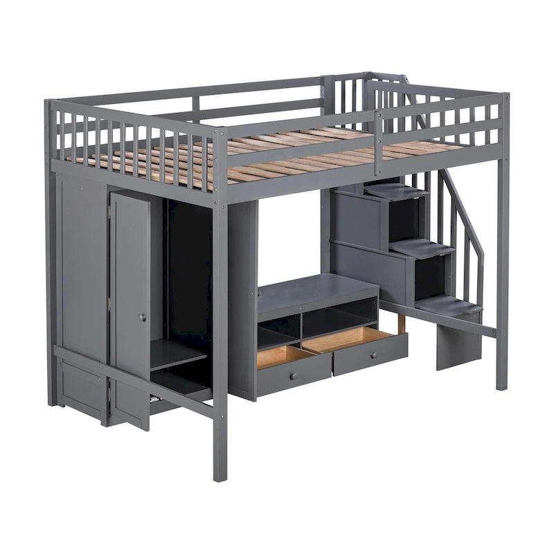 Cadre de lit mezzanine double avec armoire, table de rangement basse et escalier de rangement