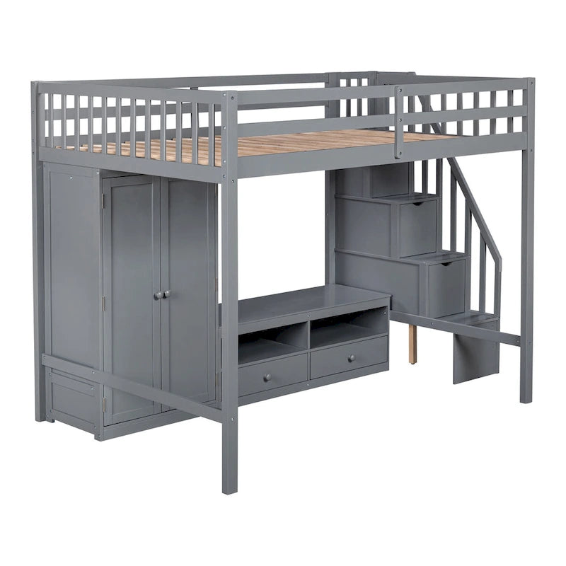 Cadre de lit mezzanine double avec armoire, table de rangement basse et escalier de rangement