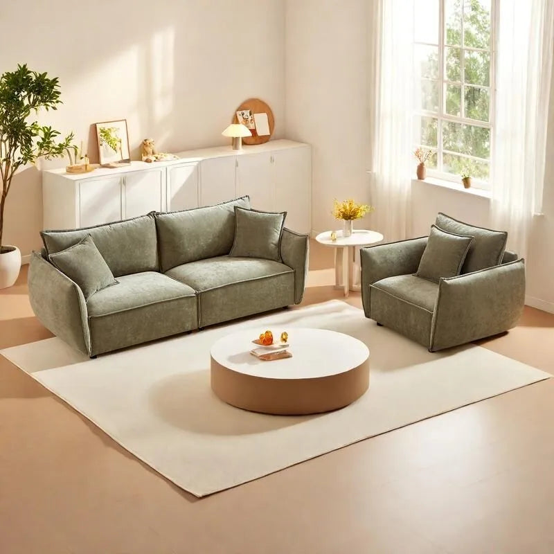 Ensemble de canapé modulable 4 places en lin 2 pièces avec combinaison 3+1 places, structure en bois et 3 coussins