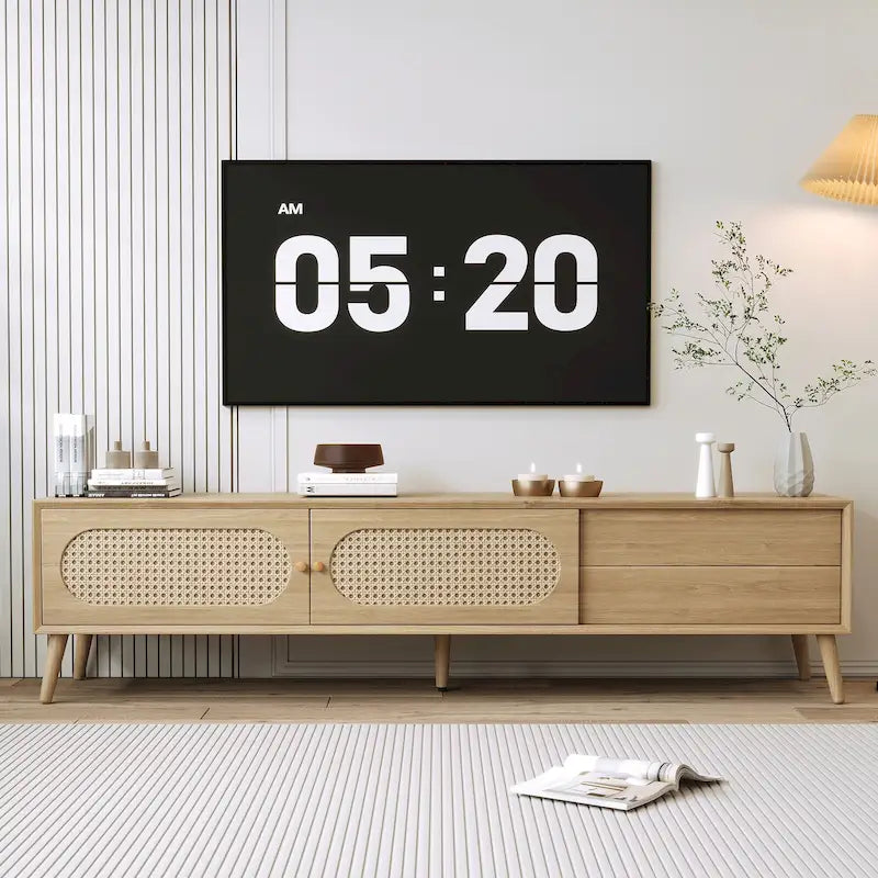 Meuble TV pour téléviseurs jusqu'à 80 pouces, style ferme moderne, meuble multimédia avec pieds en bois massif