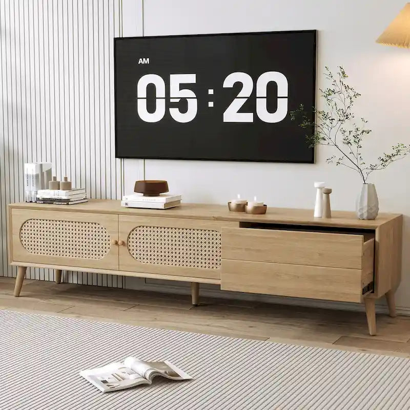 Meuble TV pour téléviseurs jusqu'à 80 pouces, style ferme moderne, meuble multimédia avec pieds en bois massif