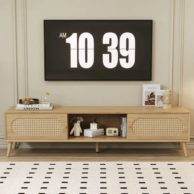 Meuble TV pour téléviseurs jusqu'à 80 pouces, style ferme moderne, meuble multimédia avec pieds en bois massif