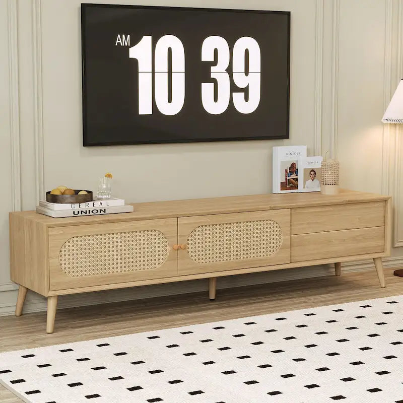 Meuble TV pour téléviseurs jusqu'à 80 pouces, style ferme moderne, meuble multimédia avec pieds en bois massif