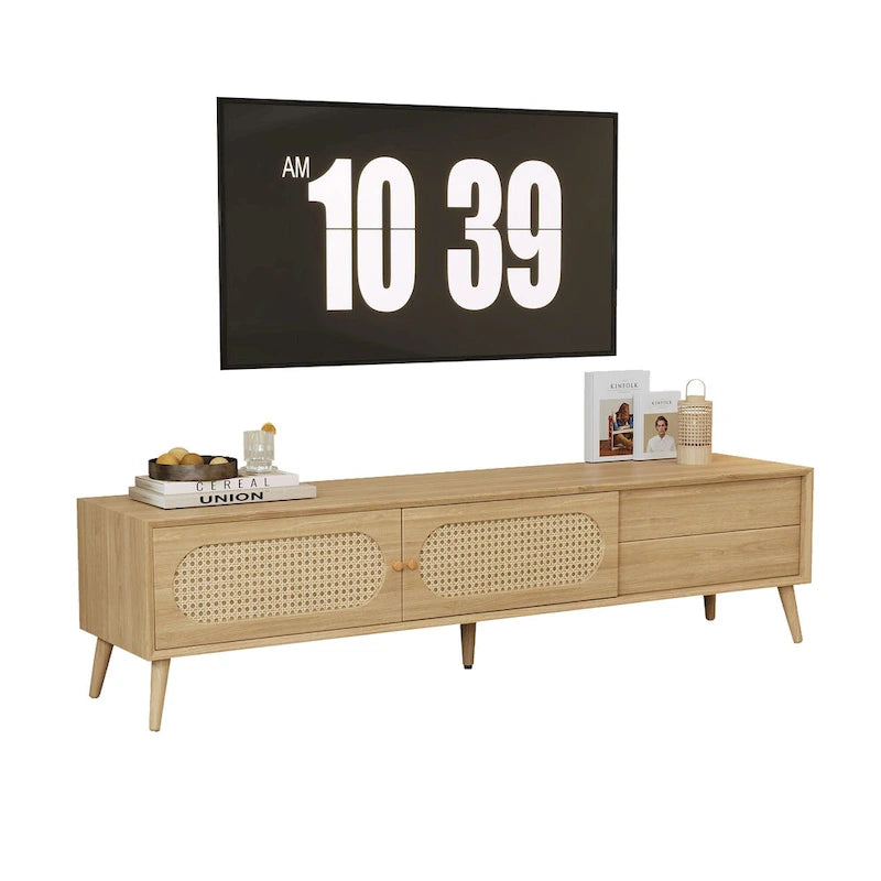 Meuble TV pour téléviseurs jusqu'à 80 pouces, style ferme moderne, meuble multimédia avec pieds en bois massif