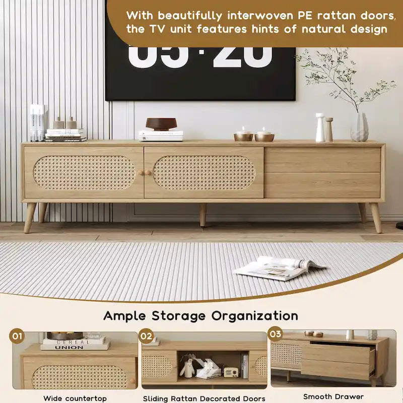 Meuble TV pour téléviseurs jusqu'à 80 pouces, style ferme moderne, meuble multimédia avec pieds en bois massif