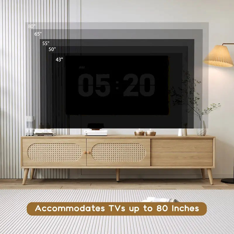 Meuble TV pour téléviseurs jusqu'à 80 pouces, style ferme moderne, meuble multimédia avec pieds en bois massif