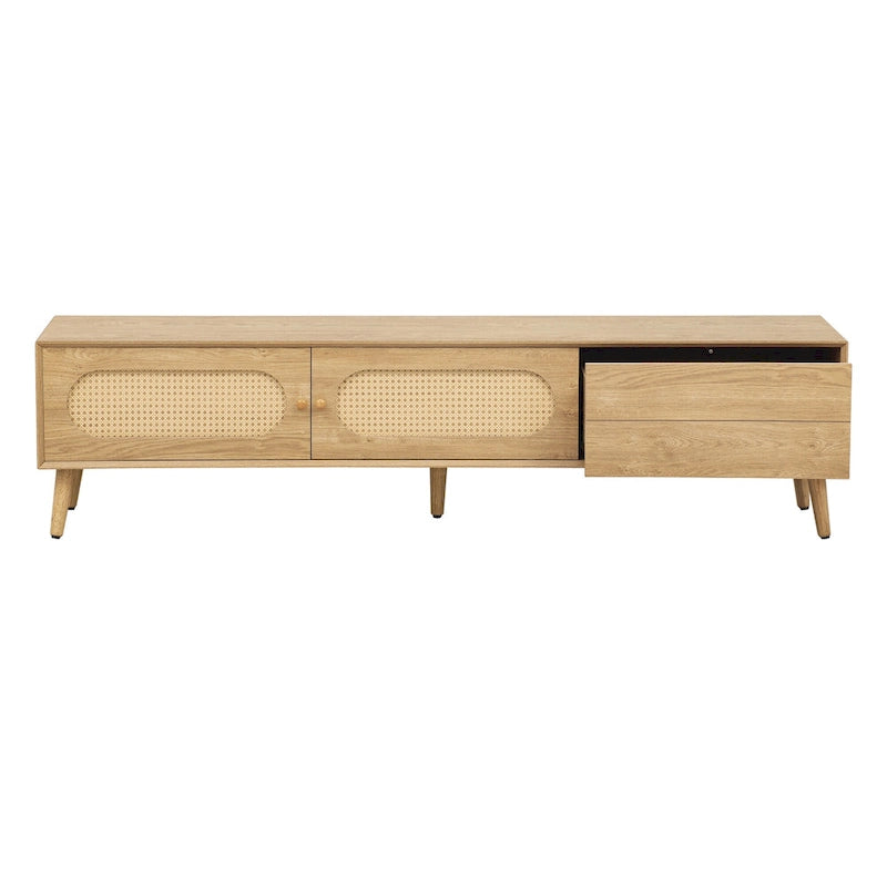 Meuble TV pour téléviseurs jusqu'à 80 pouces, style ferme moderne, meuble multimédia avec pieds en bois massif