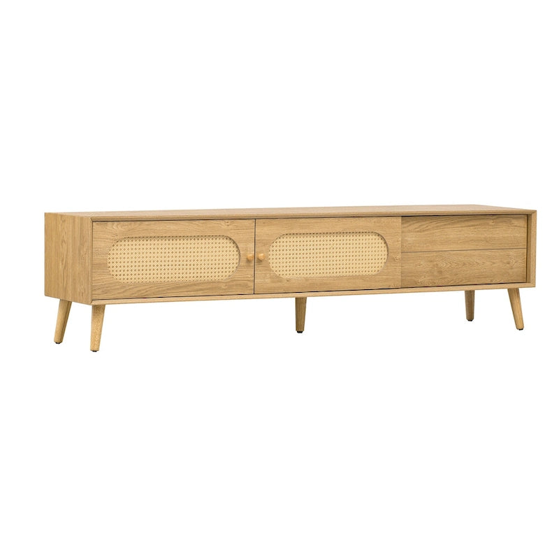 Meuble TV pour téléviseurs jusqu'à 80 pouces, style ferme moderne, meuble multimédia avec pieds en bois massif