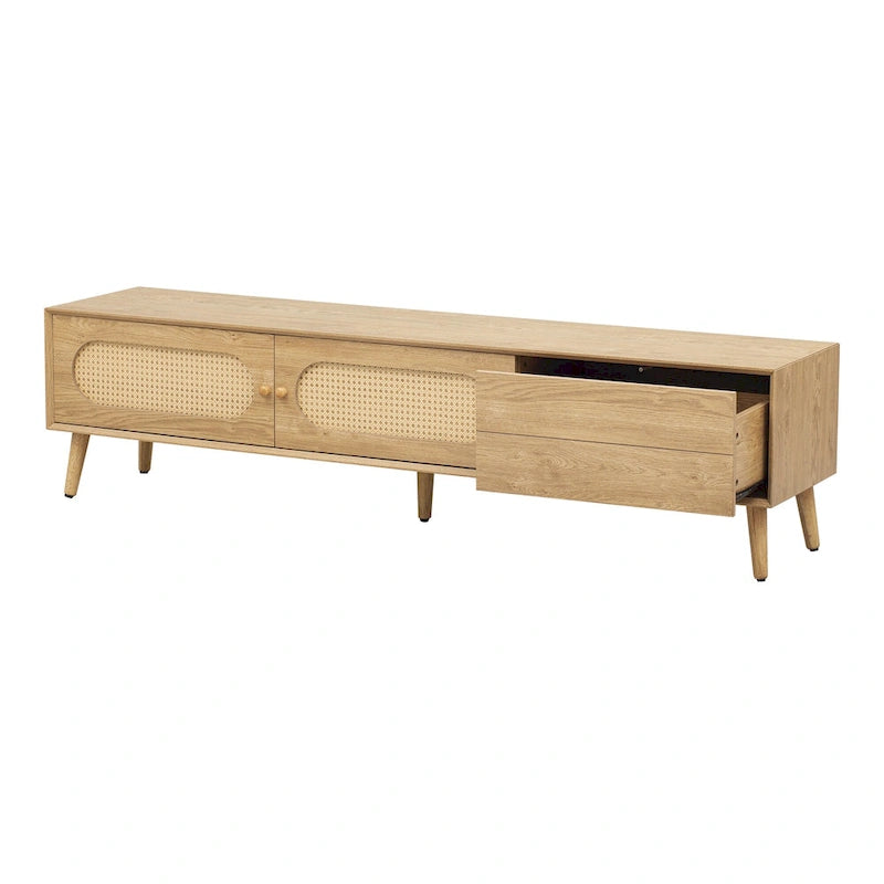 Meuble TV pour téléviseurs jusqu'à 80 pouces, style ferme moderne, meuble multimédia avec pieds en bois massif
