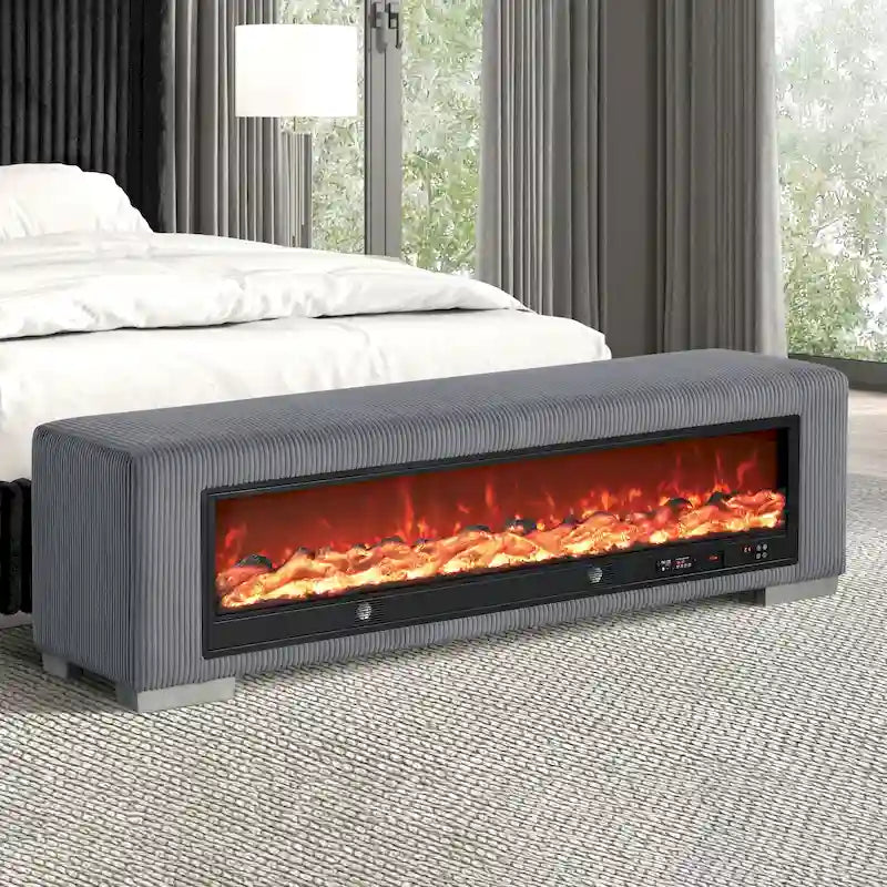 Banc en chenille Goffney de Furniture of America avec simulateur de cheminée et audio Bluetooth
