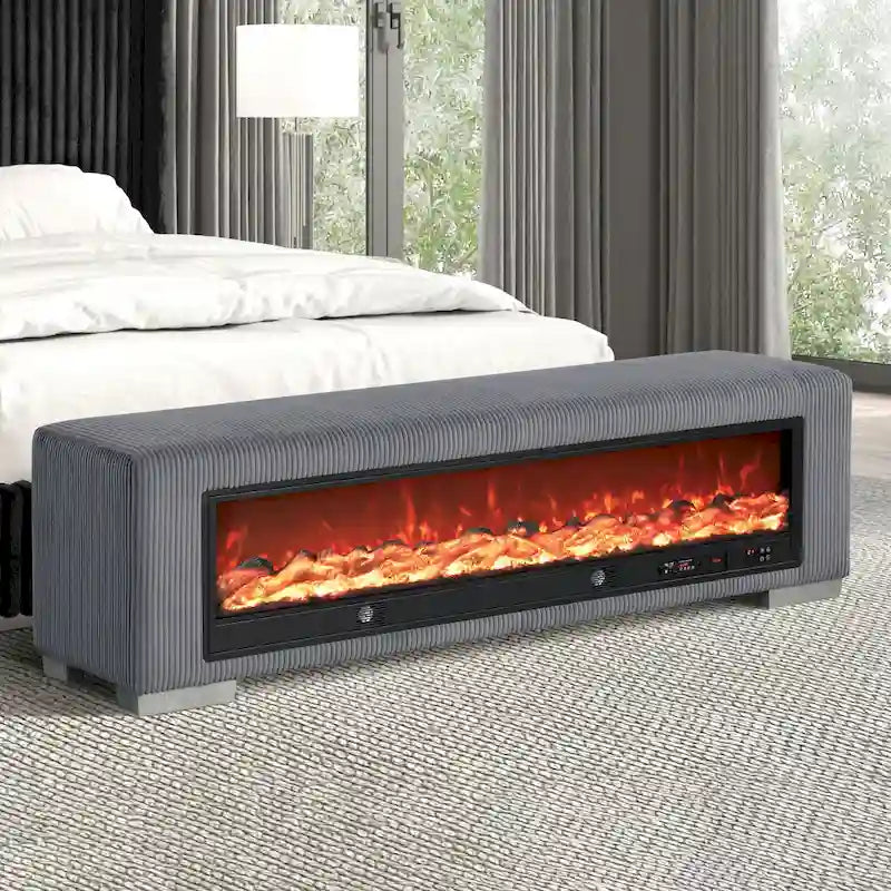 Banc en chenille Goffney de Furniture of America avec simulateur de cheminée et audio Bluetooth