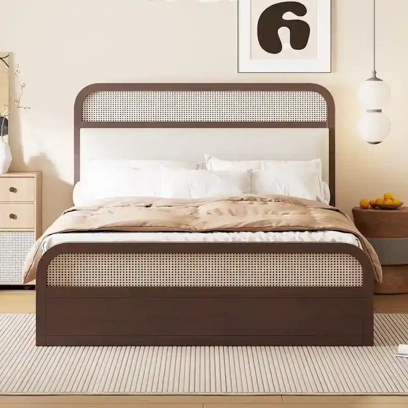 Boho Cane Wooden Platform Bed Queen Storage Bed with Wooden Headboard, Trundle and 2 Storage Drawers