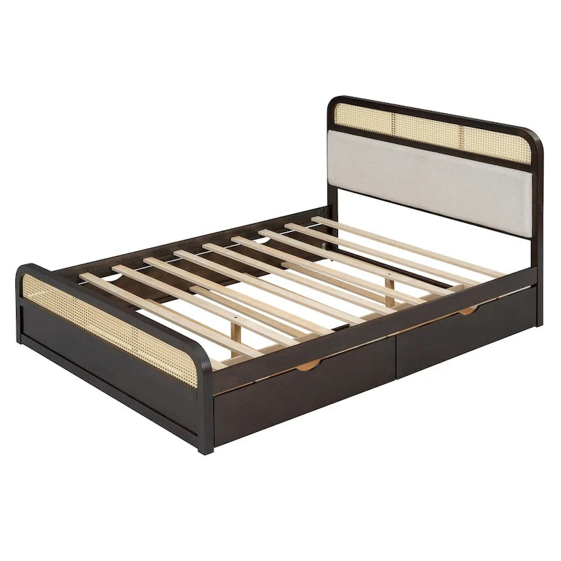 Lit plateforme bohème en bois de rotin, lit queen avec rangement, tête de lit en bois, lit gigogne et 2 tiroirs de rangement