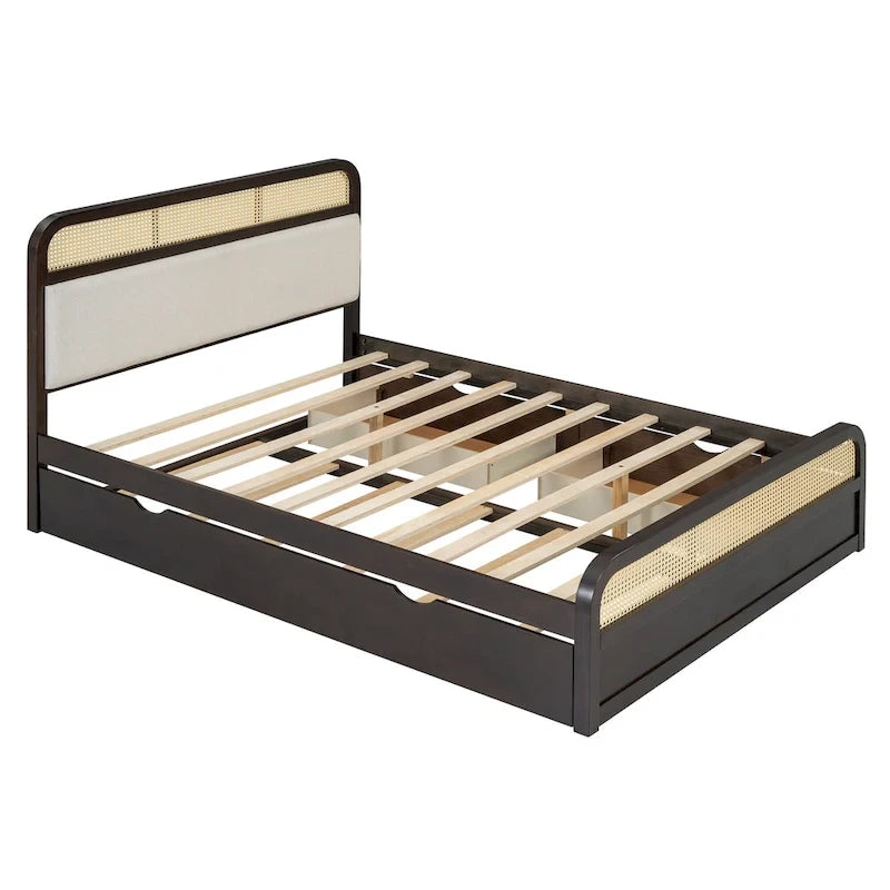 Lit plateforme bohème en bois de rotin, lit queen avec rangement, tête de lit en bois, lit gigogne et 2 tiroirs de rangement