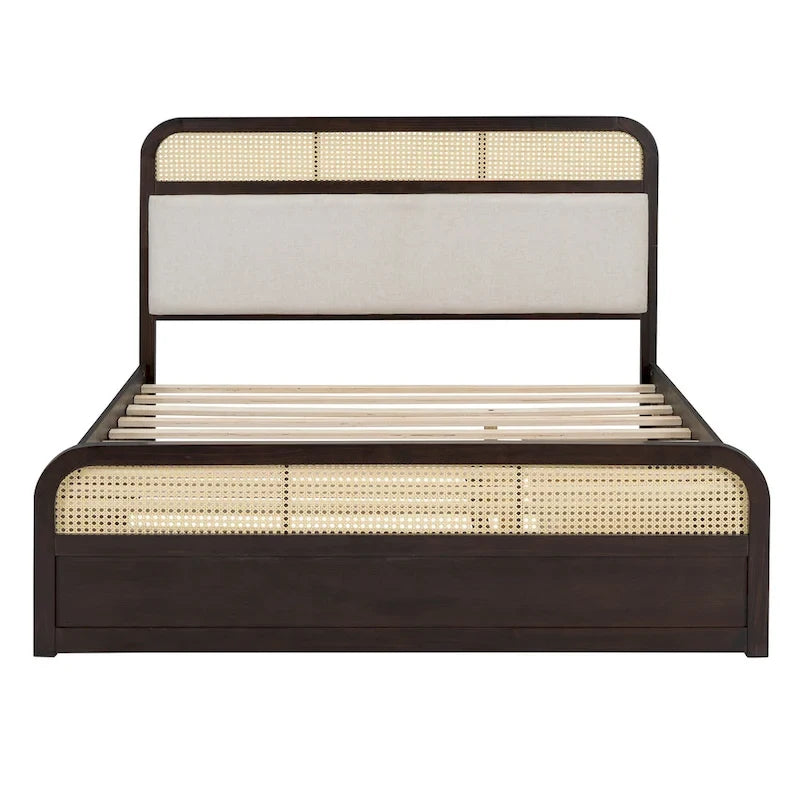 Lit plateforme bohème en bois de rotin, lit queen avec rangement, tête de lit en bois, lit gigogne et 2 tiroirs de rangement