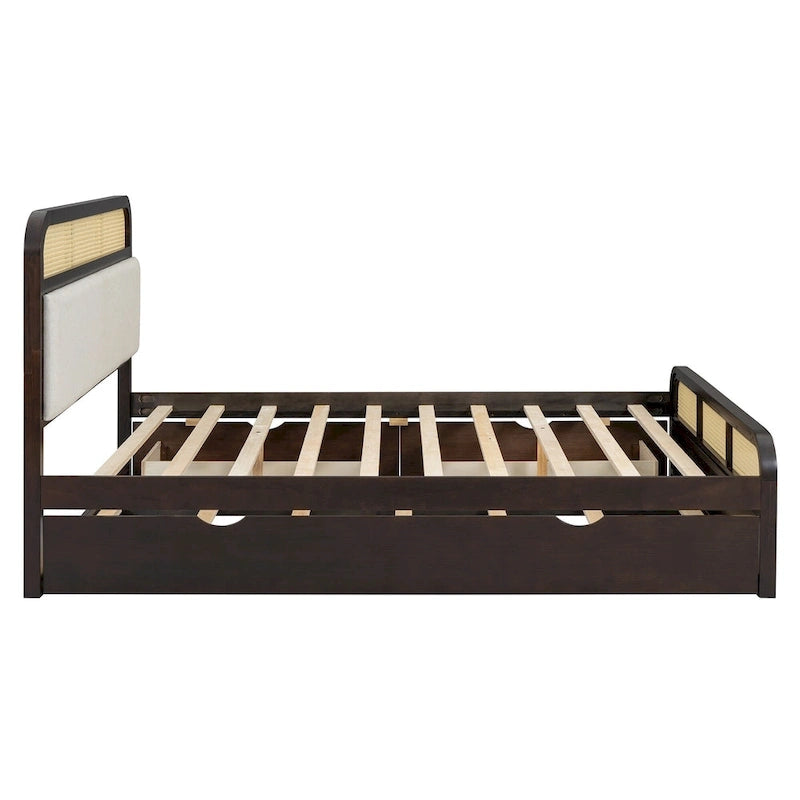 Lit plateforme bohème en bois de rotin, lit queen avec rangement, tête de lit en bois, lit gigogne et 2 tiroirs de rangement