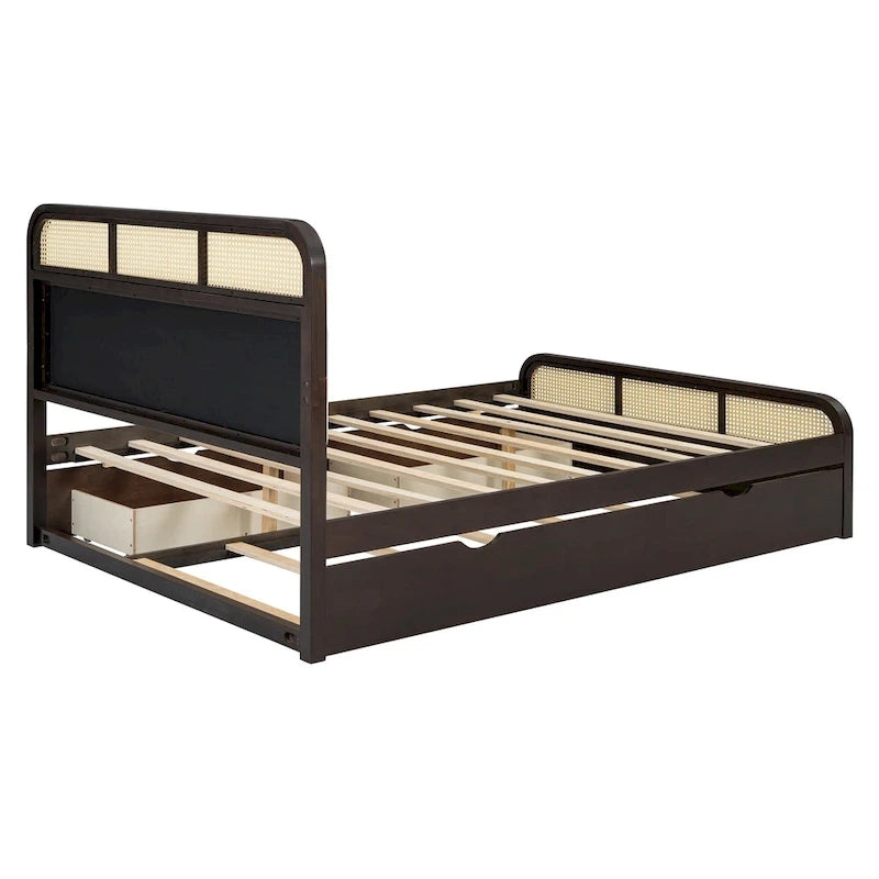Lit plateforme bohème en bois de rotin, lit queen avec rangement, tête de lit en bois, lit gigogne et 2 tiroirs de rangement