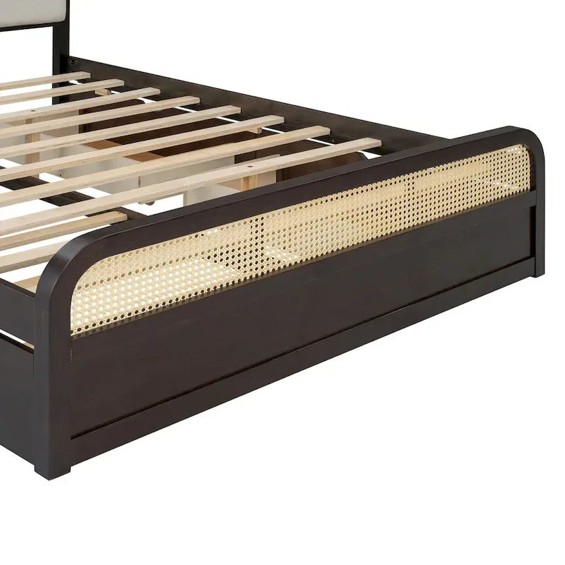 Lit plateforme bohème en bois de rotin, lit queen avec rangement, tête de lit en bois, lit gigogne et 2 tiroirs de rangement