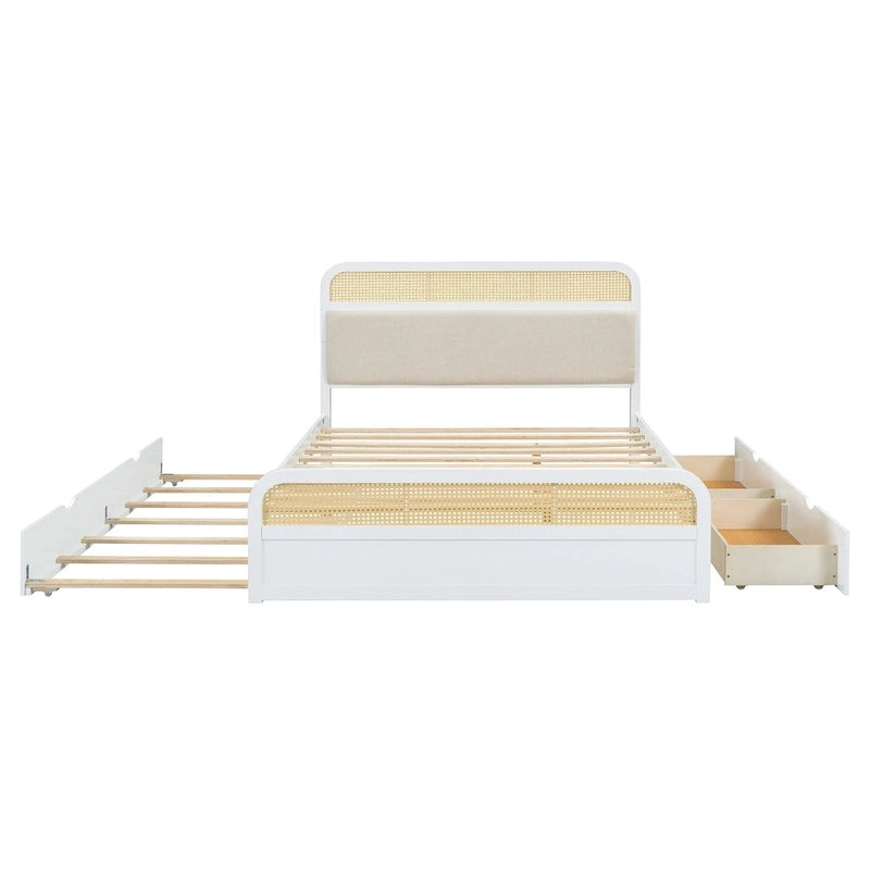 Lit plateforme bohème en bois de rotin, lit queen avec rangement, tête de lit en bois, lit gigogne et 2 tiroirs de rangement